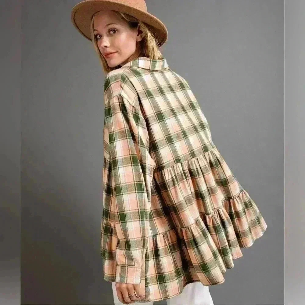 NWOT EASEL Green and Orange Tiered Long Sleeve Flannel Top | size Large - Picture 7 of 9